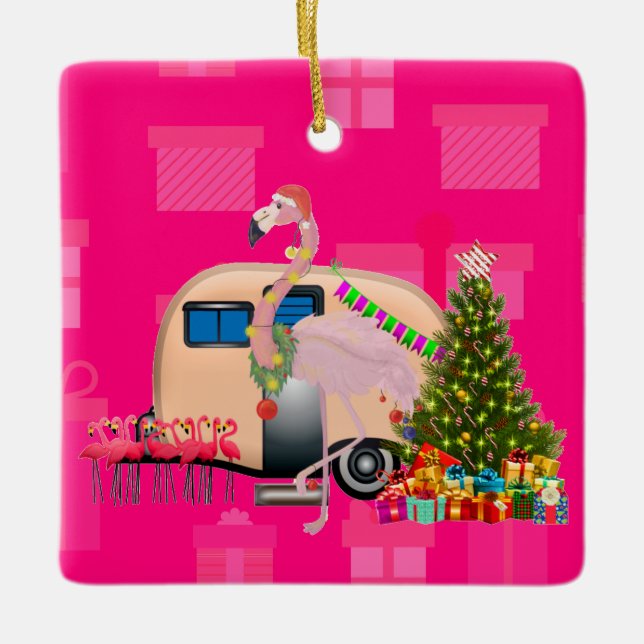 christmas flamingo trailer ceramic ornament (Front)