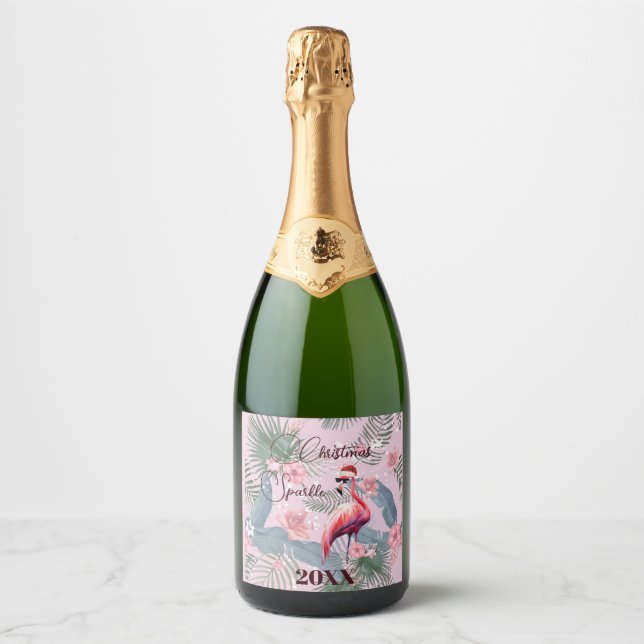 Christmas Flamingo Tropical Personal  Sparkling Wine Label (Front)