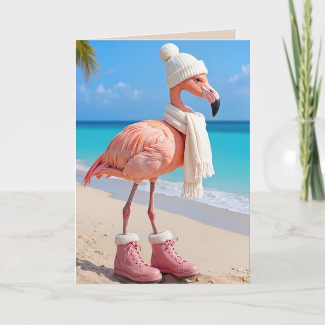 Christmas Flamingo Wearing Winter Attire Card (Front)