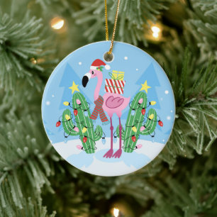 Christmas Flamingo with Cactus Ceramic Ornament