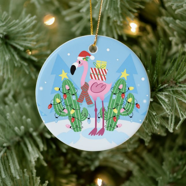 Christmas Flamingo with Cactus Ceramic Ornament (Tree)