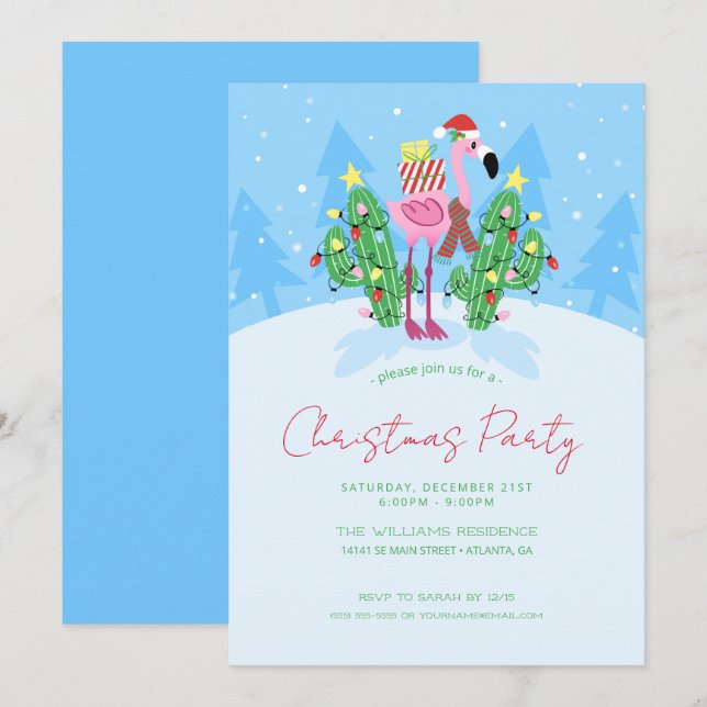 Christmas Flamingo with Cactus.          Invitation (Front/Back)