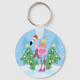 Christmas Flamingo with Cactus Keychain