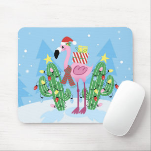 Christmas Flamingo with Cactus Mouse Pad