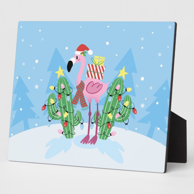 Christmas Flamingo with Cactus Plaque (Side)