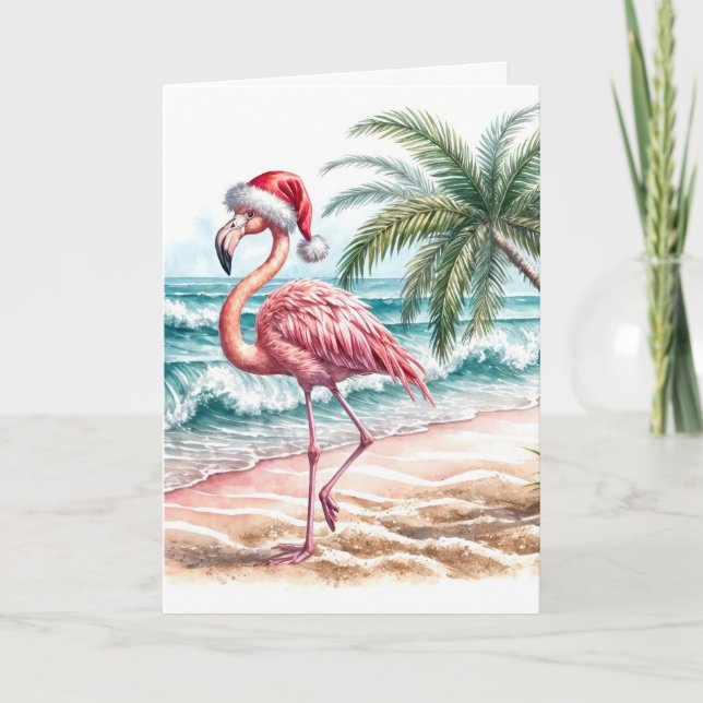 Christmas Flamingo With Santa Cap Card (Front)
