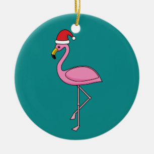 Christmas Flamingo with Santa Hat Ceramic Ornament