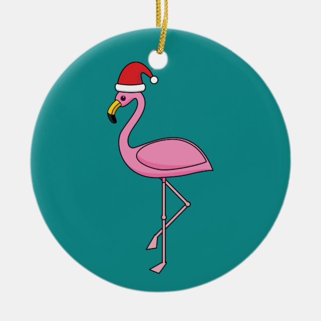Christmas Flamingo with Santa Hat Ceramic Ornament (Front)
