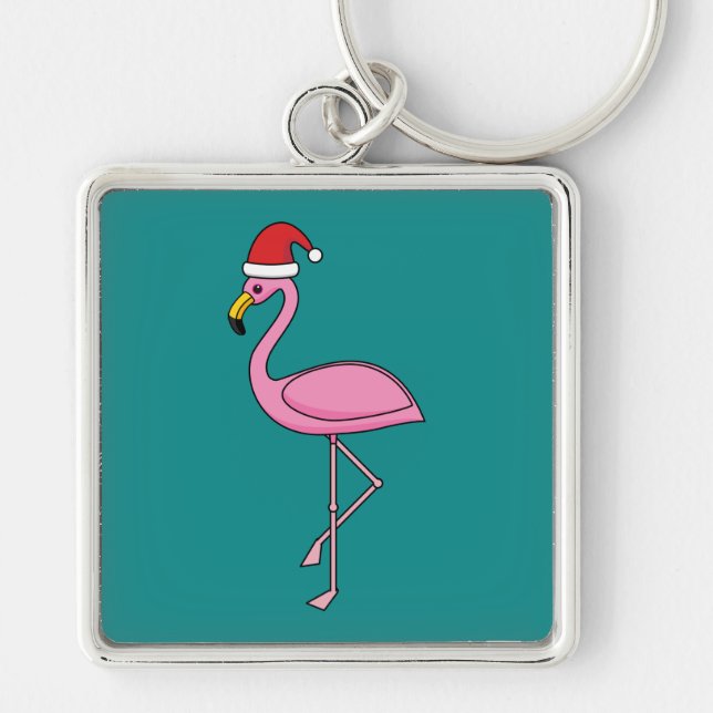 Christmas Flamingo with Santa Hat Keychain (Front)