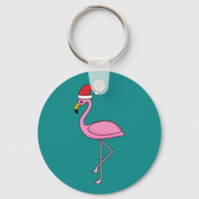 Christmas Flamingo with Santa Hat Keychain (Front)