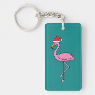 Christmas Flamingo with Santa Hat Keychain