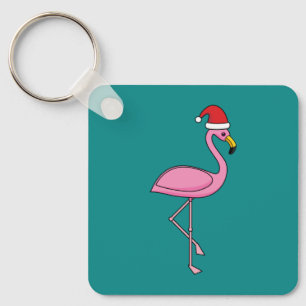 Christmas Flamingo with Santa Hat Keychain