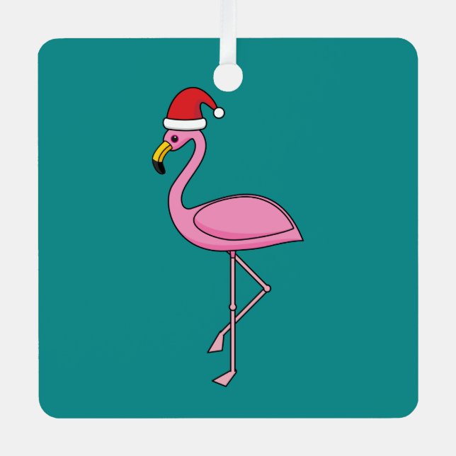 Christmas Flamingo with Santa Hat Metal Ornament (Front)
