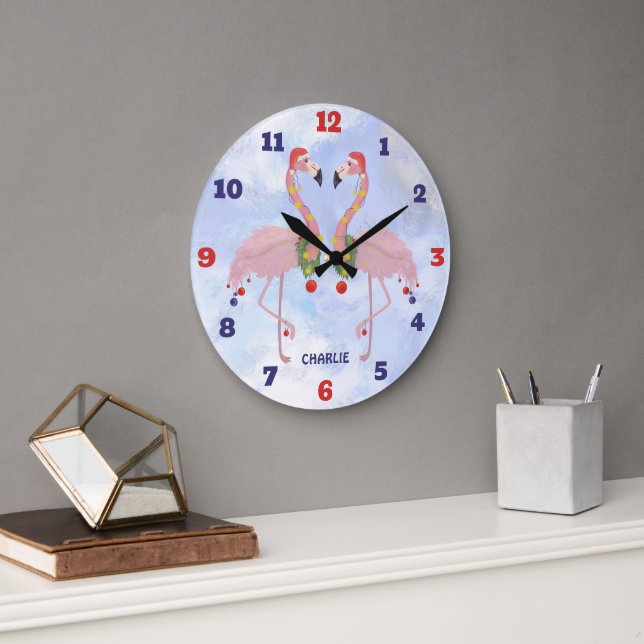Christmas Flamingos Large Clock (Office)