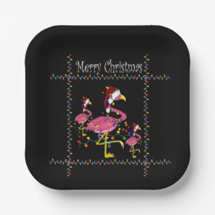 Christmas flamingos with Holiday lights on black  Paper Plate