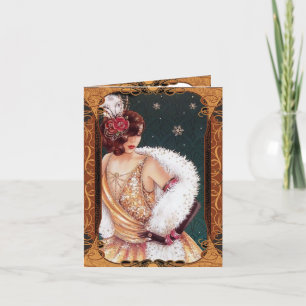 Christmas Flapper Girl in a Gold Glittery Dress Holiday Card