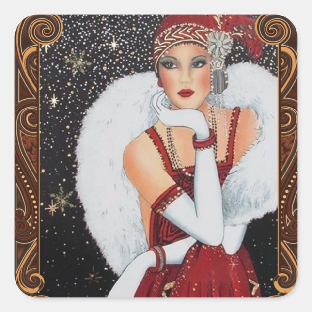 Christmas Flapper Girl Star-Drenched Night Sky Square Sticker (Front)