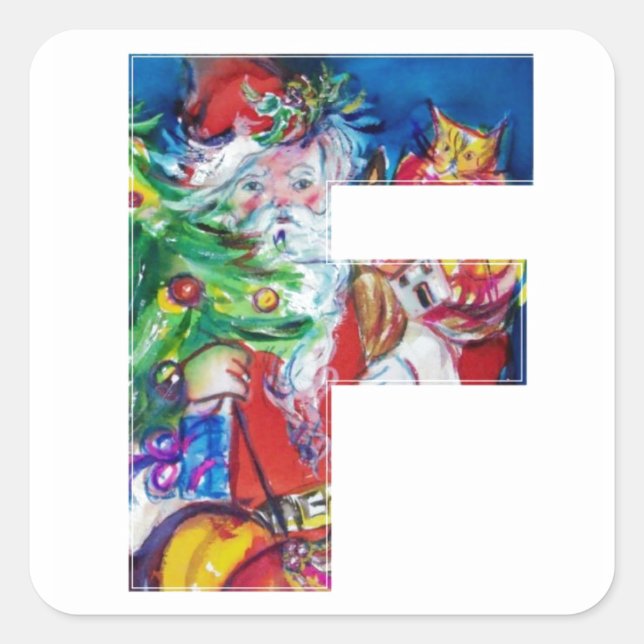 CHRISTMAS FLETTER / SANTA WITH CHRISTMAS TREE SQUARE STICKER (Front)
