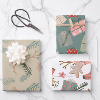 Christmas Floral and Gifts Mix of 3 Wrapping Paper Sheet