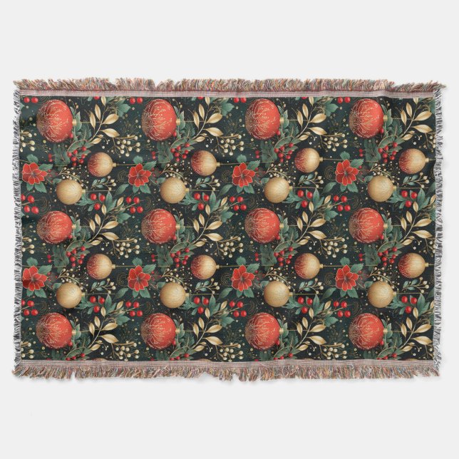 Christmas Floral Berry Gold Red Ornament   Throw Blanket (Front)