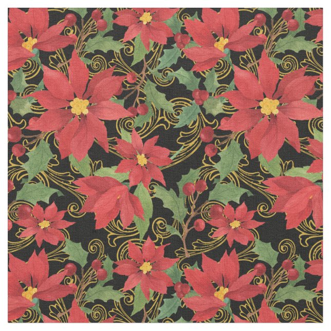 Christmas Floral Black Fabric (Close Up)
