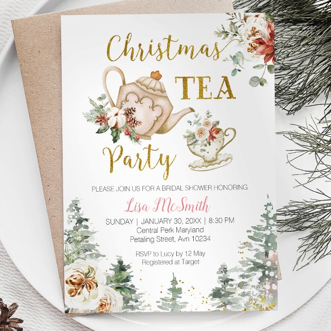 Christmas Floral Bridal Shower Tea Party  Invitation (Creator Uploaded)