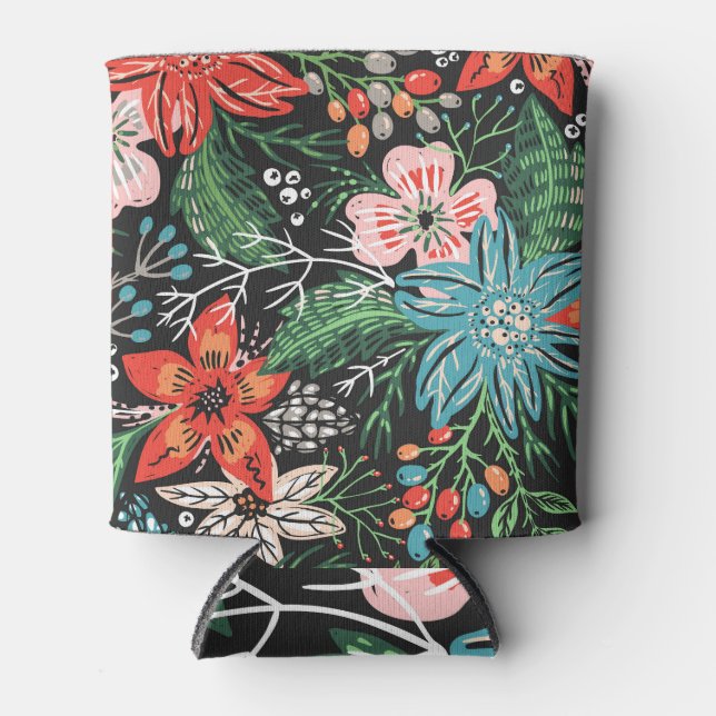 Christmas Floral Colourful Pattern Can Cooler (Front)