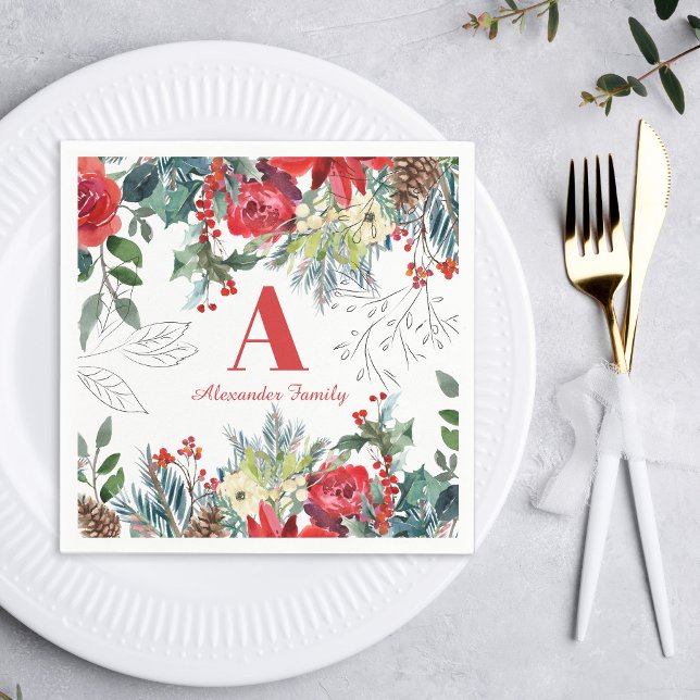 Christmas floral family elegant red monogrammed napkin (Creator Uploaded)