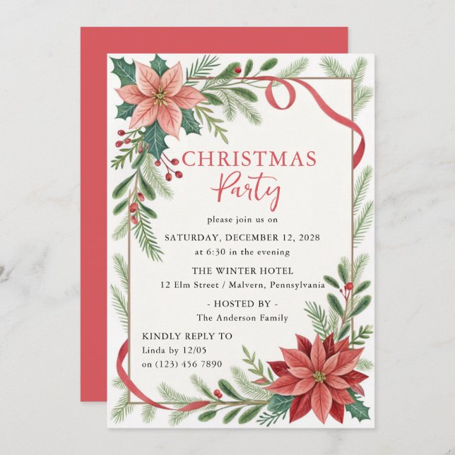 Christmas Floral Frame Holiday Party Invitation (Front/Back)