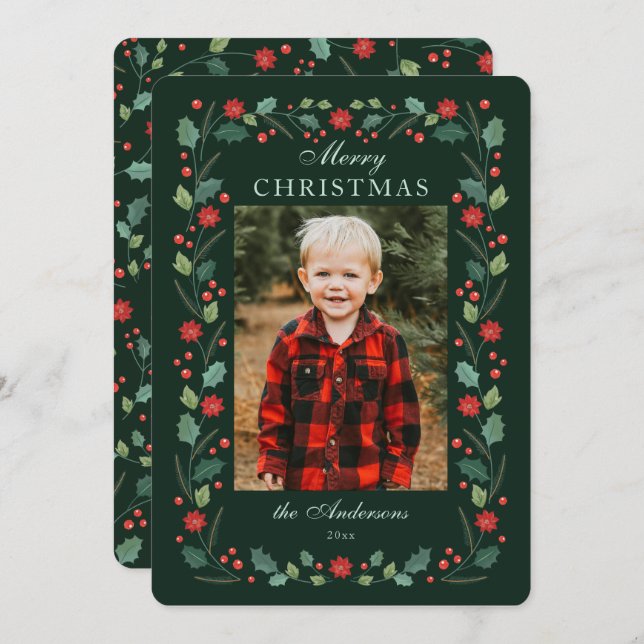 Christmas floral Frame Photo Green Holiday Card (Front/Back)