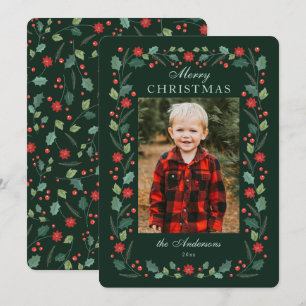 Christmas floral Frame Photo Green Holiday Card