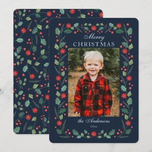 Christmas floral Frame Photo Navy Holiday Card