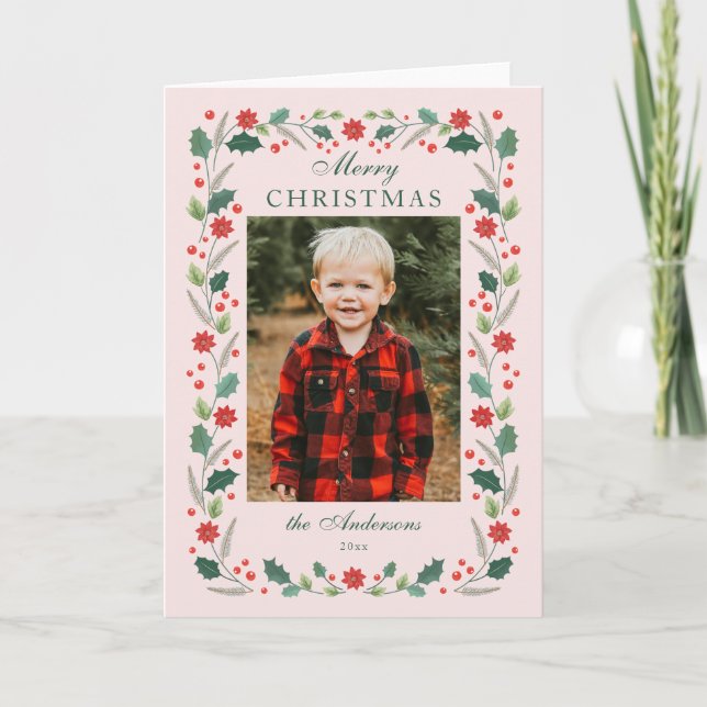 Christmas floral Frame Photo Pink Holiday Card (Front)