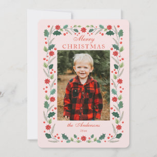 Christmas floral Frame Photo Pink Holiday Card