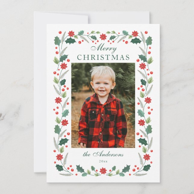 Christmas floral Frame Photo White Holiday Card (Front)