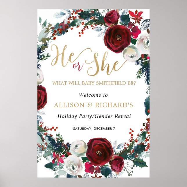Christmas Floral Gender Reveal Holiday Party  Poster (Front)