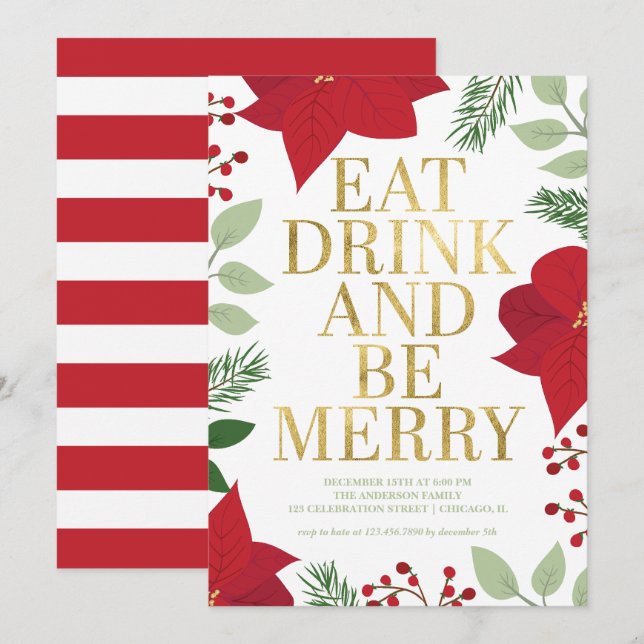 Christmas Floral Gold Eat Drink and Be Merry Party Invitation (Front/Back)