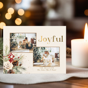 Christmas Floral Gold Joyful Text 2-Photo Holiday Postcard