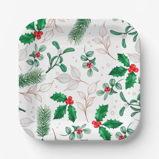 Christmas Floral Greenery Festive Winter Holidays Paper Plate (Front)