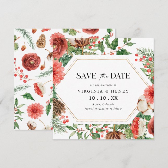 Christmas Floral Holiday Save The Date (Front/Back)