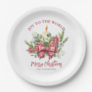 Christmas floral Joy to the world pine cone bow Paper Plate