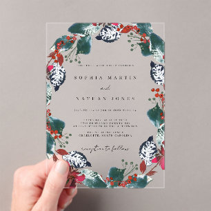 Christmas Floral Leaf Clear Wedding Acrylic Invitations
