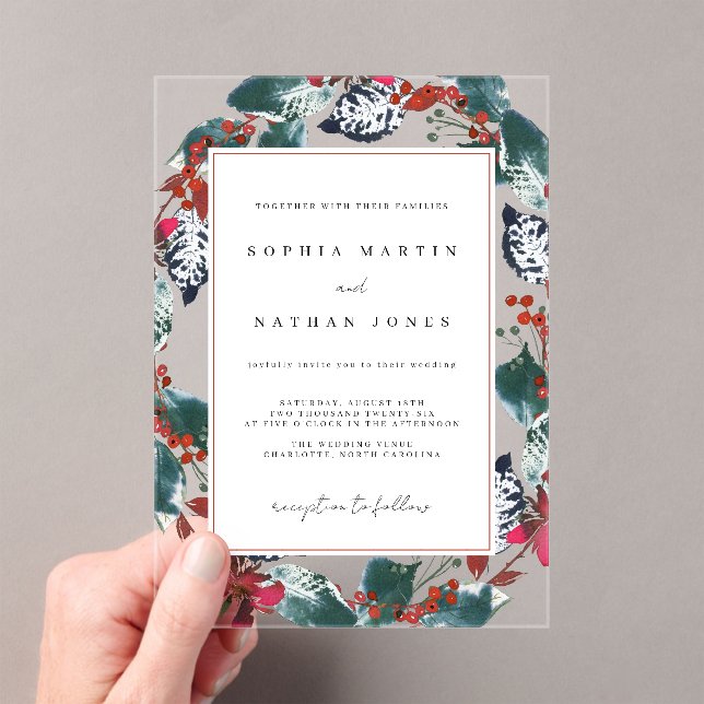 Christmas Floral Leaf Modern Clear Wedding Acrylic Invitations (Insitu (Handheld))