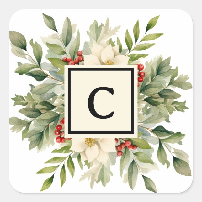 Christmas Floral Monogram Letter Square Sticker (Front)