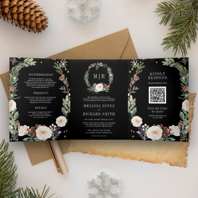 Christmas Floral Monogram QR Code Black Wedding Tri-Fold Invitation (Creator Uploaded)