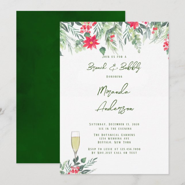 Christmas Floral Paint Leaf Brunch & Bubbly Invitation (Front/Back)