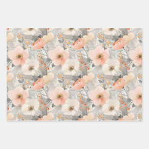 Christmas Floral Pastel Peach & Grey Watercolor Wrapping Paper Sheet