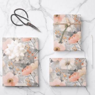 Christmas Floral Pastel Peach & Grey Watercolor  Wrapping Paper Sheet