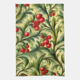 Christmas Floral Pattern With Red Berries Kitchen Towel