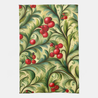 Christmas Floral Pattern With Red Berries Kitchen Towel